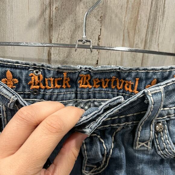 Rock Revival Eliana Boot Cuff Denim Shorts Embellished Y2K Flap Pockets 25 - Picture 2 of 8